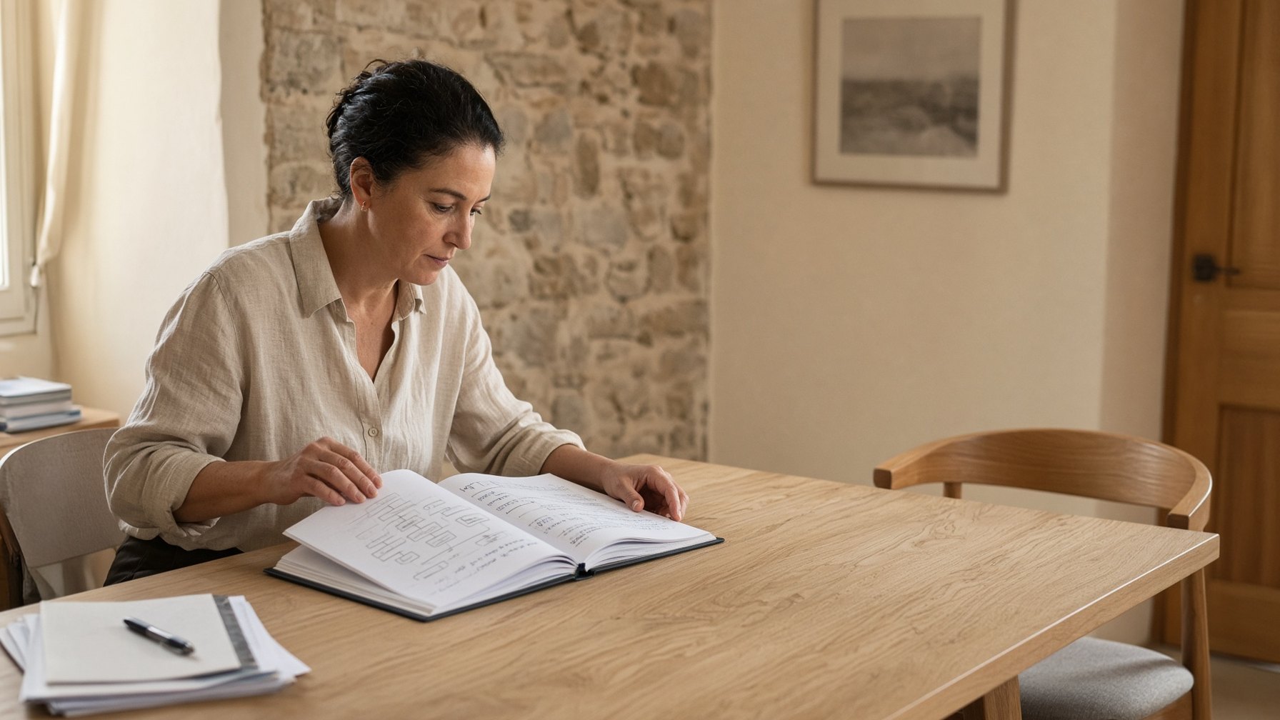 A leader reviewing a bound organizational assessment at a pale oak table.