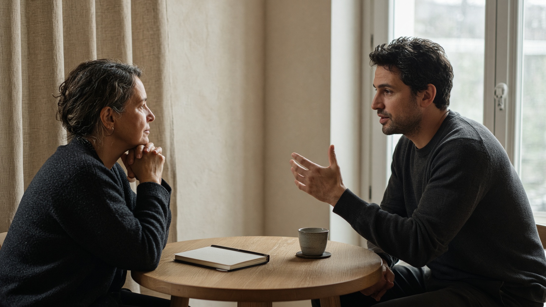 A one-on-one leadership conversation beside a window.