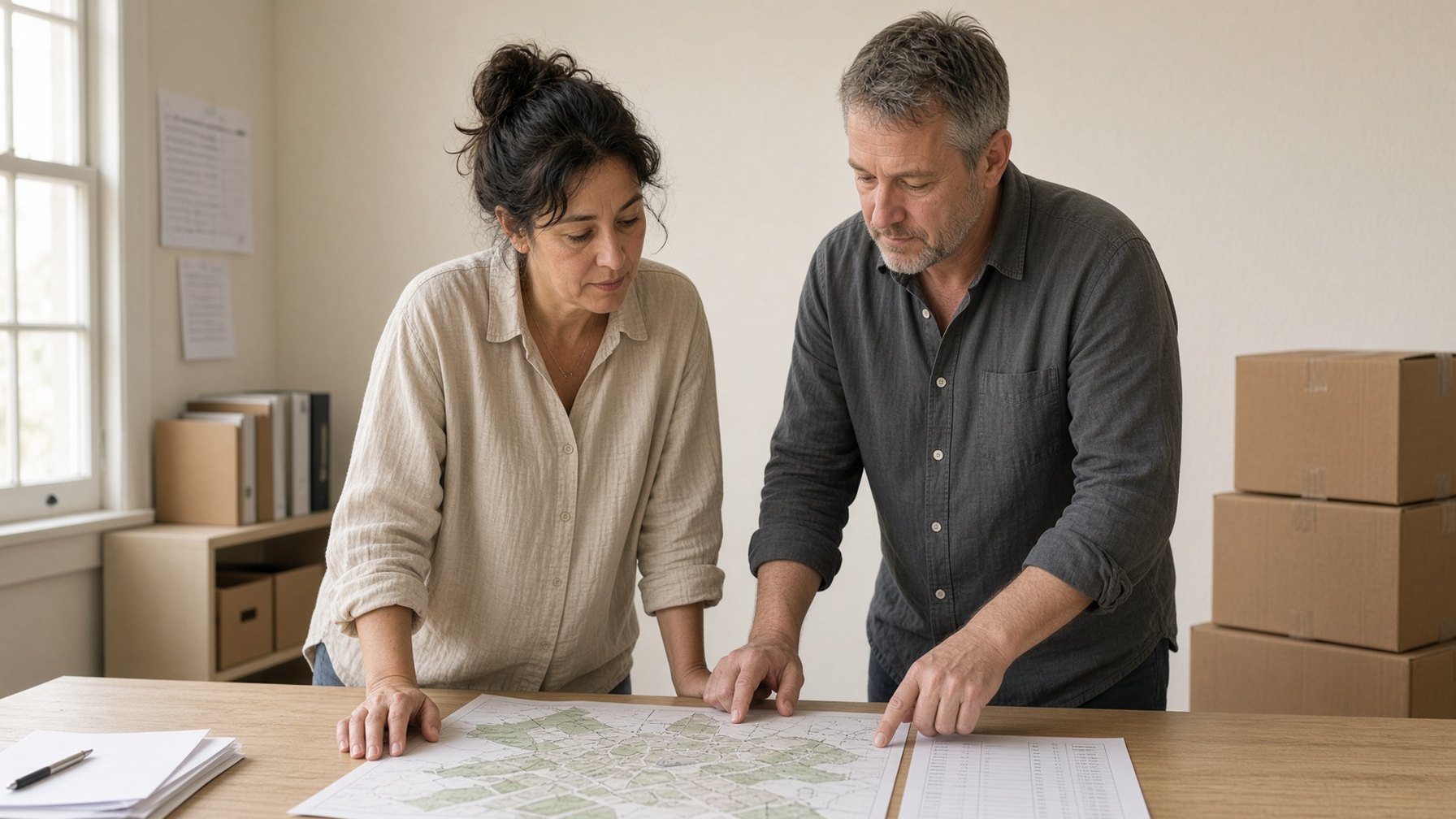 Two staff members reviewing maps and a roster at a worktable.