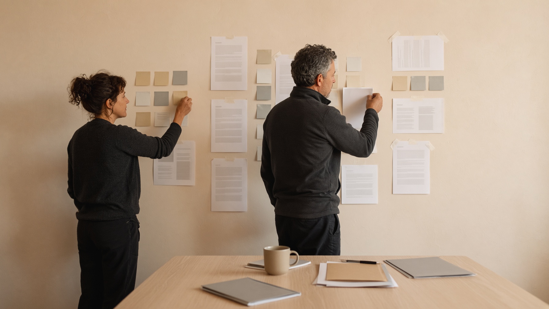Staff mapping workstreams on a wall of notes and printed pages.