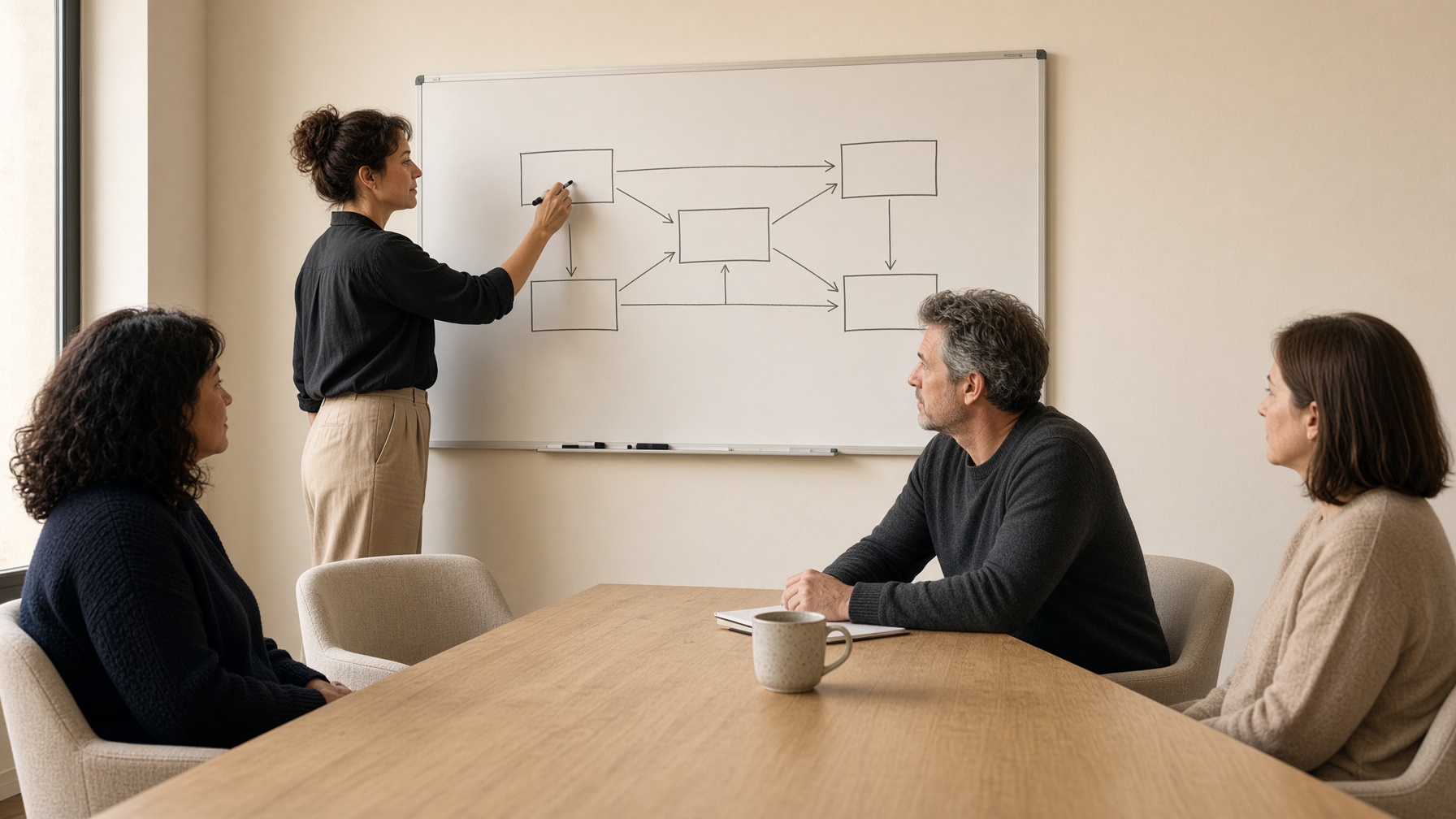 A facilitator at a whiteboard illustrating a framework for a small leadership group.